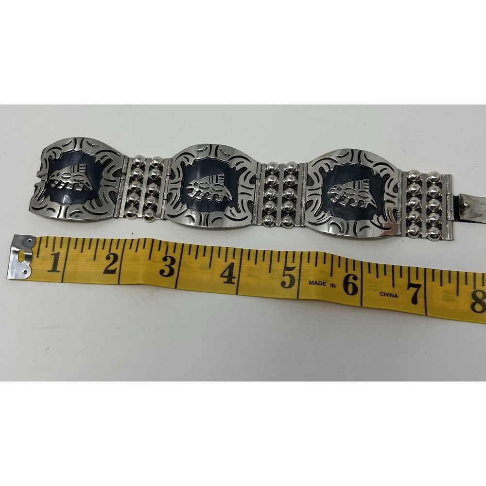 Vintage 925 Mexico Sterling Silver Porcupine Animal Panel Bracelet Heavy 2.5 oz - Picture 12 of 12